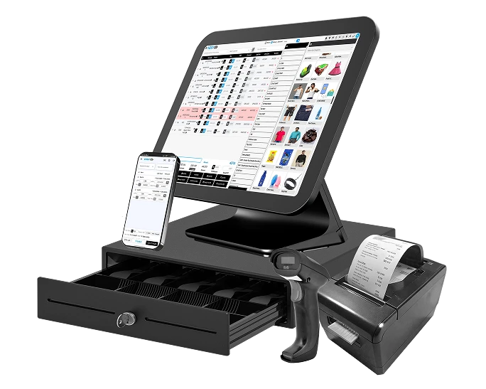 GST billing software setup, mobile billing, barcode scanner, cash drawer, and receipt printer for retail management