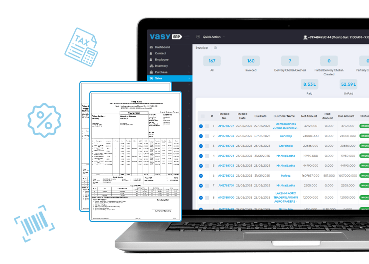 VasyERP billing dashboard showing automated invoice management with tax-ready reports and accurate billing features on a laptop screen.