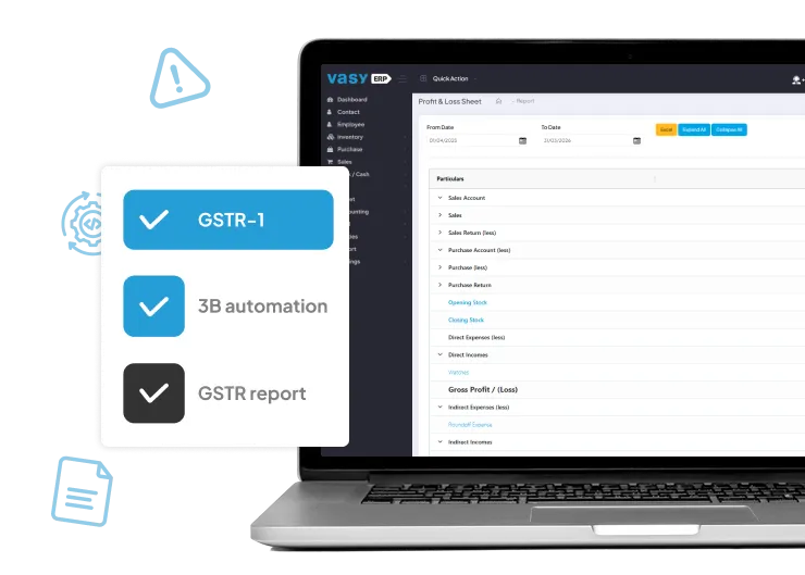 Cloud-based GST billing software showing GSTR report automation and profit & loss dashboard