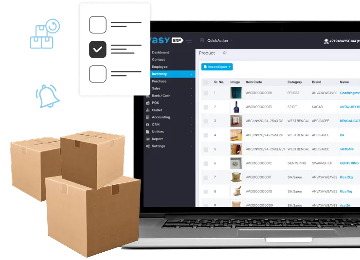 VasyERP real-time inventory management dashboard displaying product list, item codes, and stock details