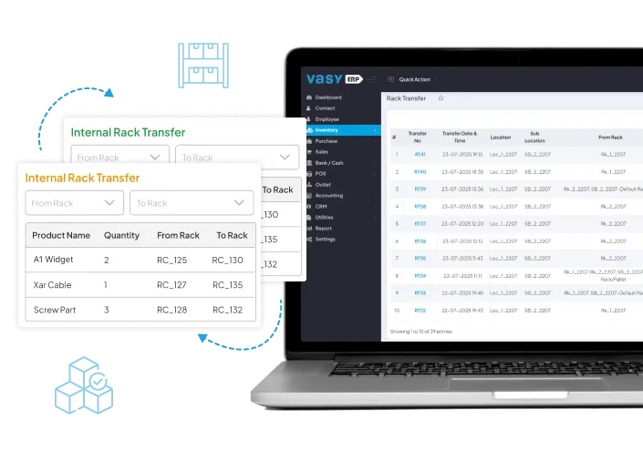 Internal rack transfer in warehouse inventory system
