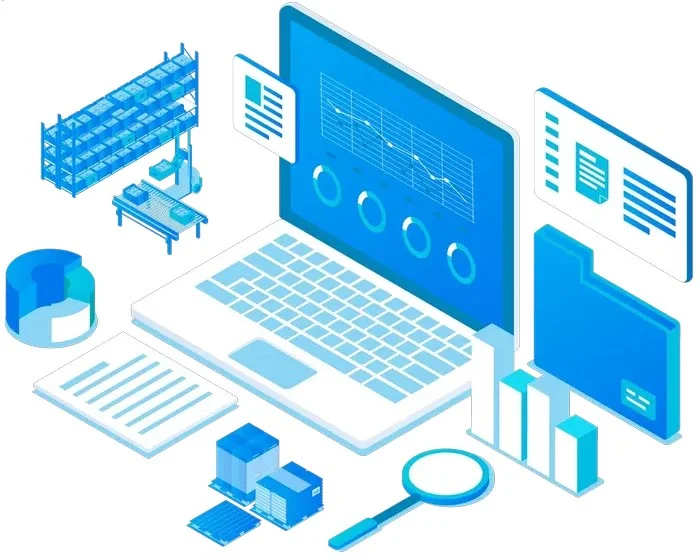Dashboard illustration showing inventory reports and analytics with charts, graphs, warehouse racks, files, and a laptop, representing data-driven decision-making in inventory management.