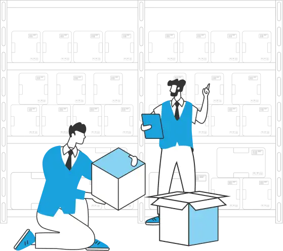 Lean inventory management process with warehouse workers organizing stock and utilizing VasyERP inventory management software for expiry control and ABC analysis